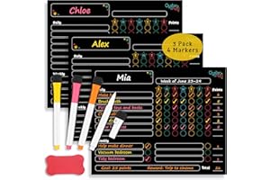 OYSTER&POP Magnetic Chart Set for Multiple Kids & Adults - Fine Tip Markers - Dry Erase Refrigerator Boards - Reward Good Behaviour & Responsibility - Organise The Family (Black)