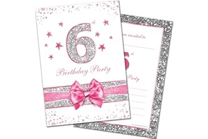 Olivia Samuel 20 x 6th Birthday Party Invitations from Pink Sparkly Design and Photo Effect Silver Glitter - A6 Postcard Size with envelopes