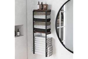 YORKING 2-Tier Wall Mounted Towel Rack with Wooden Shelf for Bathroom, Multi-Function Bathroom Organiser for Large Towels, Robes &Toiletries, Modern Floating Shelf Design for Home, Bedroom & Spa Decor