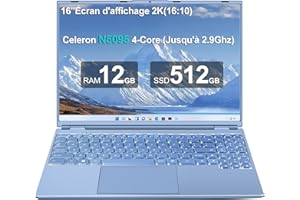 AOCWEI Ordinateur Portable Gaming 16 Pouces, Win 11 4 cœurs Celeron N5095 (jusqu'à 2,9 GHz) 12 + 512 Go Soutien Extension 1TB PC Portable, Laptop avec 1920x1200 Écran 2K 2.4+5G WiFi 2,5" HDD Mini HDMI-Bleu