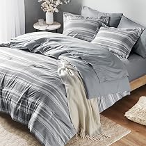 Luxudecor Brown Comforter Set Queen Size, 7 Pieces Stripe Geometric Bed in a Bag, Soft