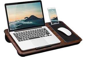 LAPGEAR Biurko na kolana do domowego biura z osłoną urządzenia, podkładką pod mysz i uchwytem na telefon, słoje drewna espresso, pasuje do laptopów o przekątnej ekranu do 15,6", styl nr 91575