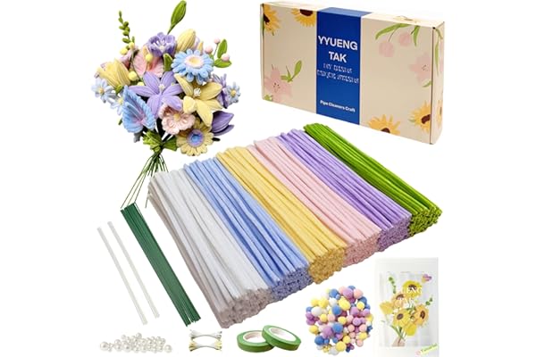 YYUENGTAK 500 Pièces Fil Chenille (6 couleurs), fils chenilles loisirs creatifs de fleurs, avec instructions, pompons, 20 fils floraux, Étamines, ruban adhésif,bâton de colle thermofusible