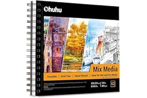 Ohuhu Szkicownik – 62 arkusze / 124 strony – gruby papier 200 g/m² – bezkwasowy – twarda okładka do markerów akrylowych, akwareli, szkicowania, 225 x 210 mm