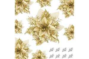 Filltown 16 Stück Weihnachten Glitzer Weihnachtsstern Blumen mit Clips, Künstliche Baumschmuck Weihnachten Blumen, Glitzer Kunstblumen Deko für Hochzeiten, Weihnachtskränze und Homeparty (Gold)