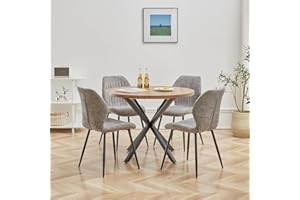 DEYARNA HOME Essgruppe 5-Teilig, 100cm Runder Esstisch und 4 Leinen-Esszimmerstühle, Esstisch und Stühle für 4 Personen, 4 Stühle & Tisch für Küche, Esszimmer und Wohnzimmer (Dunkle Holzfarbe+Grau)