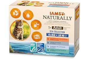 IAMS Naturally – Nourriture Humide pour Chat Stérilisé ou non 12 sachets fraicheurs pour 4 Pâtées Mer en sauce - SANS SUCRE AJOUTE, OGM, protéines végétales, colorant, arôme artificiel - 12 x 85g