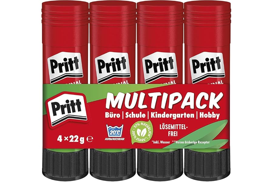 Pritt Klebestift, kinderfreundlicher Kleber für Schule & Büro, 4x22g | 97% natürliche Inhaltsstoffe inkl. Wasser, lösemittelfrei, faltenfreies Kleben, auswaschbar bei niedrigen Temperaturen