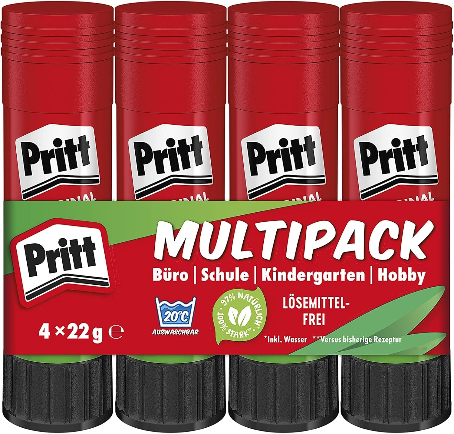 Pritt Klebestift, kinderfreundlicher Kleber für Schule & Büro, 4x22g | 97% natürliche Inhaltsstoffe inkl. Wasser, lösemittelfrei, faltenfreies Kleben, auswaschbar bei niedrigen Temperaturen