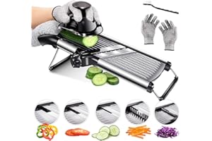 Masthome Mandoline Vegetable Slicer, 5-in-1 Stainless Steel Mandoline Food Slicer, Adjustable Mandolin for Vegetables, Potatoes, Onions, Send Cut-Resistant Gloves & Brush
