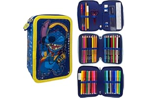 CARTOON Estuche de 3 cremalleras completo de 44 piezas para la escuela, multicompartimento, bolígrafos, lápices, colores, rotuladores Giotto, Stitch Blue, Moderno