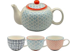 Nicola Spring Patterned Porcelain Blue/Orange Print Teapot & Cappuccino Cups Set - 3 Individual Coloured Cups