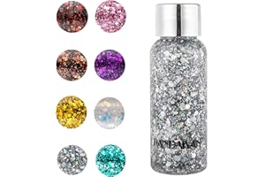 AUBEIFOU Glitter Body Gel,Glitter Body Gelcon lustrini,Festival Glitter Makeup Sparkle Glitter per viso, Unghie, Occhi, Labbra, Capelli,Corpo, per Musica, Festival, Feste in Maschera,Argento.