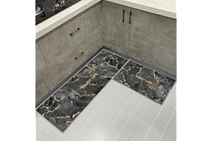 HZVRTN Kitchen Rugs Set 2 Piece Non-Slip Kitchen Mats and Rugs Runner 40x60cm+40x120cm,Comfort Kitchen Floor Mat Waterproof Standing Mats for Office Home Indoor Outdoor (Black and gold)