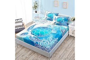 HOSIMA Sea Turtle Bedding Set, Single Children's Coastal Beach Themed Bedroom Fitted Sheet Queen Size for Kids Teen Girls Boys Room Decor, 1 Fitted Sheet+2 Pillowcases.