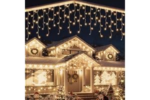 SOLARBABY Luces Navidad Exterior Solar,14M 400LED Cortina Luces Navidad Exterior IP65 Impermeable con Remoto,19 Modos Guirnaldas de Luces Estilo Carámbano para Balcon Aleros Decor Natal,Blanco Cálido