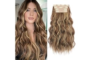 Sofeiyan Extensiones de Clip de Pelo 4PCS Cabello Extensiones Largo Ondulado con Clips Extensiones de Cabello Sintético Trama Encaje Suave Postizo para Mujer 50cm Castaño Caramelo Mixto Rubio Ceniza