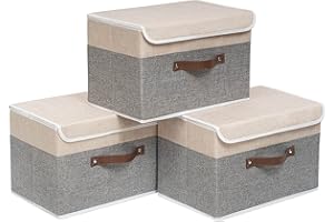 OUTBROS 3 Stück Aufbewahrungsboxen mit Deckel, 38 x 25 x 25 cm, faltbare Stoffboxen, Aufbewahrungskörbe, Organizer für Kleidung, Bücher, beige/grau ST02BGS3