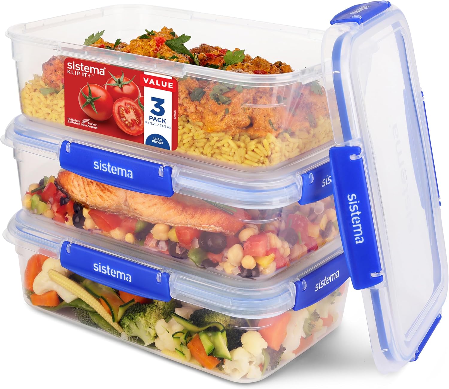 Sistema KLIP IT PLUS Leakproof Food Storage Containers | 2.2 L | AirtightStackable & Nestable Meal Prep Containers with Lids | School Lunch Boxes | 3 Count