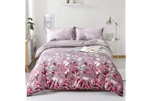 DJY Pink Duvet Cover King Pink Floral Bedding Set, Reversible Lightweight Leaves Bedding Sets 3pcs with Zipper Closure (King, 220x230cm)