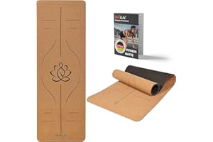 DH FitLife Tappetino da yoga in sughero e TPE, tappetino da ginnastica, 183 x 61 x 0,6 cm, tappetino da yoga antiscivolo, tappetino da yoga, spessore con linee di orientamento