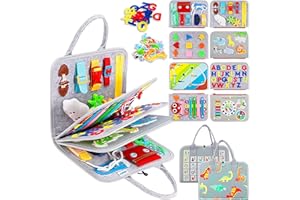 ESJAY Busy Board Montessori Spielzeug ab 1 2 3 4 Jahre, Activity Board Kleinkinder Motorikspielzeug, Geschenk Mädchen, Baby Sensorik Lernspielzeug, Motorikbrett für Reise Auto Flugzeug (Grau Multipage)