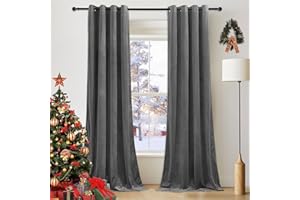 PONY DANCE Grey Velvet Curtains - 90 Inch Drop Eyelet Thermal Insulated for Bedroom, Soft Luxury Light Blocking Curtains for Thermal Insulated and Room Darkening, W46xL90, 2 Panels
