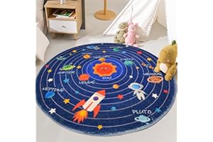 USTIDE Round Solar System Kids Rug, Machine Washable Educational Space Children Rug, Nursery Play Mat for Kids Bedroom Carpet with Non-Slip Back, 39.3Inch Dia
