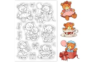 GLOBLELAND Teddy Bear Doll Tampons Transparents pour Bricolage Scrapbooking Décor Animaux Coffrets Cadeaux Anniversaires Nœuds Fleurs Tampons Transparents en Silicone pour Faire des Cartes Album