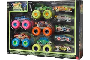 Hot Wheels Multipack Glow in The Dark™ Monster Trucks 10 vehículos de Juguete: 5 Monster Trucks y 5 Coches a Escala 1:64, Regalo Coleccionable para niños de Entre 4 y 8 años, HCB57