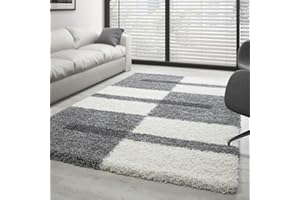 ‎CARPETTEX TEPPICH Carpettex Hochflor Teppich Wohnzimmer Shaggy Flokati Teppich Modern Kariert Design 80 x 150 cm Flur Teppich Läufer Hellgrau - Teppich Bettvorleger Schlafzimmer Weich Flauschig Waschbar Küchenläufer