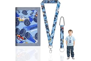 GROSION Boys Wallet,Kids Wallets for Boys,Blue Car Cartoon Kids Wallet with Card Slots and Zippered Pocket,Lanyard Attached for Boy Girl