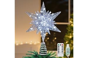 Lewondr Estrella para Copa del Árbol, 28CM Adorno para Árbol de Navidad con 8 Modos de Luces por USB con Mando a Distancia & Temporizador, Gran Topper Árbol Decoración Navideña del Hogar, Plata