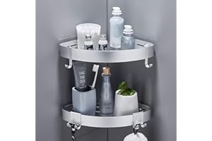 FIISAYL Estanteria Baño Esquina, Estantería Ducha sin Taladro Estante Repisas para Baño Pared Baldas con 4 Ganchos Espacio de Viaje Aluminio Montaje en Pared Plata, 2 unidades