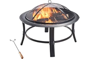 Teamson Home Round Wood Burning Fire Pit, Outdoor Garden Furniture Chimenea, Firepit Heater, Metal Log Burner Fire Bowl with Lid with Grill and Poker