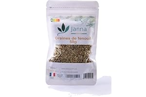 Graines de Fenouil | 100% Naturelles |Sachet de 50g Refermable et Recyclable | Aromatiques et Digestives | Idéales pour Infusions, Cuisines et Jardins | Janna Herbs