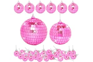 DJBOOMY 32 Pack Mini Disco Balls Decorations Different Sizes Mirror Ball with Hanging String Small Disco Ball Ornament for Disco Theme Party Cake Topper DJ Club Christmas Wedding Home Decor (Pink)