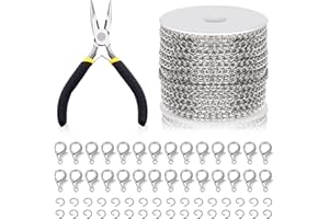 Swpeet Lot de 102 chaînes à maillons plats pour la fabrication de bijoux et colliers - 9,1 m de long x 3 mm - Avec maillons plats - Avec anneaux ouverts - Fermoir mousqueton et pince à bijoux