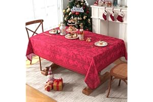 Yrendenge Christmas Red Tablecloth, Poinsettia Waterproof Table Cloth Rectangular Wipe Clean, Holly Leaves Washable Wrinkle Free Table Cover for Holiday Dinner Kitchen Party, 60x84in/152x213cm