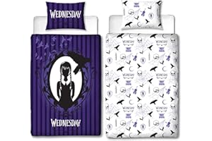 Character World Wednesday Official Single Duvet Cover Set | Destined Design Reversible 2 Sided Bedding Including Matching Pillow Case Single Bed Set | Purple Polycotton, Twin