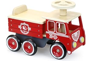 Vilac Holz Vintage Rollenspiel Rutscher Feuerwehrauto, Hat Aufbewahrungsbox, 6 Stabile Leise Gummiräder, Anti-Kipp-System, Entwickelt Balance, Koordination, Für 1,5 bis 3 Jahre Kinder unter 20 kg, 50