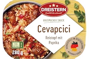 ‎DREISTERN DREISTERN Cevapcici 280g I Mit Paprika & Reis I Herzhaftes Fertiggericht in Mikrowellenschale I Lange Haltbarkeit dank natürlicher Konservierung I Hausmacher Qualität