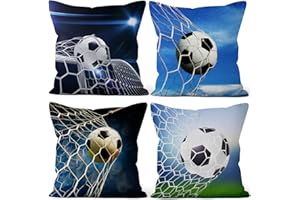 Aoihrraan 41x41cm Juego de 4 Disparar Al GOL Fundas De Cojín Fútbol Fútbol En Goal Red Rústico Cuadrado Lino Funda De Almohada Decoración para Fútbol Juego Chico Sofá Dormitorio Exterior Sofá