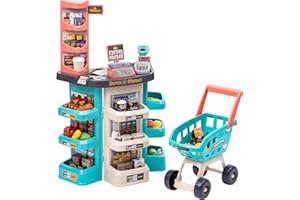 Baroni Toys Supermercato Gicattolo Interattivo con Cassa, Carrello della Spesa e Scanner Elettronico, Giocattolo Educativo in Plastica con 47 Accessori e Funzioni Realistiche