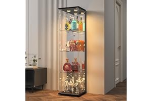 BPKADHY Vitrina de Cristal LED 164x42.5x36.5cm,Vitrina Expositora para Coleccionista con 4 Estantes con Puertas Vidrio de Cerradura y Pared Trasera de Espejo,Vitrina Cristal para Salón Dormitorio, Negro