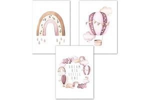 double critical Lemmami Papeterie 3er Set Boho Deko Wandbilder Kinderzimmer Babyzimmer Poster Bilder Mädchen Junge Dream Big Little One (Rosa Heissluftballon Regenbogen)