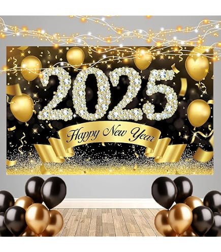 Black Glitter Happy New Year Banner – 10 Feet, 2 Strings, Pre-Strung For 2023 Party - View #4