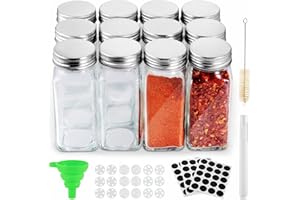 JUVEL Barattoli Spezie Vetro Barattoli Portaspezie Cucina - 12 Pezzi 120ml Vasetti Per Spezie Vetro Contenitori Spezie Pour Cuisiner Kit per Condimenti con Etichette, Imbuto, Spazzola