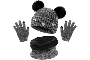 UMIPUBO Kids Warm Beanie Scarf Gloves Set 3 in 1 Winter Thermal Knitted Pom Pom Hats Neck Warmer Touchscreen Gloves For Children, 6-10 years