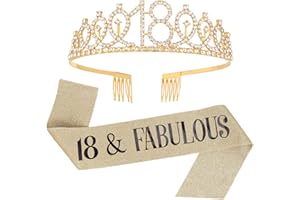 SUSSURRO "18 and Fabulous Sash and Rhinestone Tiara Set,18th Birthday Gifts Birthday Sash for Women Birthday Party Supplies( Gold)